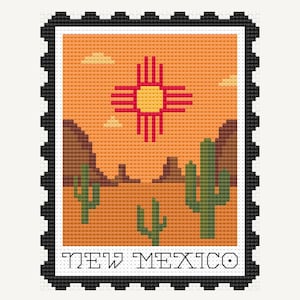 May include: Cross-stitch design of a New Mexico postage stamp. The image features a desert landscape with cacti, mountains, and a red and yellow sun symbol. The text "NEW MEXICO" is at the bottom.