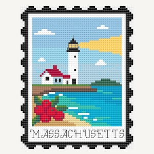 Massachusetts kruissteekpatroon, Plymouth Rock vuurtoren borduurwerk, Cape Cod Coastal US State postzegelontwerp, nautische oceaan pdf