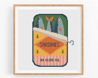 Sardines Can Cross Stitch Pattern | Funny Sardines Cross Stitch | Sardine Food Art | Fish Can Embroidery Design | Modern Cross Stitch PDF