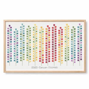 Pode incluir: Uma obra de arte em ponto cruz emoldurada com caules florais coloridos dispostos em um gradiente de arco-íris. A obra de arte inclui o texto "2026-Denver-Colorado" na parte inferior, em um fundo branco.