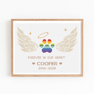 May include: A framed cross-stitch design featuring a rainbow paw print, angel wings, and the text "FOREVER IN OUR HEART". Below the text is the name "COOPER" and the years "2012-2025". The design is in a wooden frame.