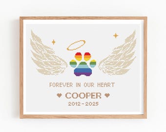 May include: A framed cross-stitch design featuring a rainbow paw print, angel wings, and the text "FOREVER IN OUR HEART". Below the text is the name "COOPER" and the years "2012-2025". The design is in a wooden frame.