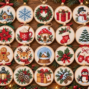 May include: A collection of twenty circular cross-stitch ornaments featuring various holiday designs including a house, snowflake, wreath, gift, snowman, poinsettia, cocoa mug, mushroom house, stocking, tree, gingerbread man, reindeer, snow globe, holly, mittens, lantern, pinecones, present, evergreen sprigs, and a penguin.