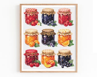 Patrón de punto de cruz de tarro de mermelada, muestrario de conservas de frutas, diseño de bordado de bayas, decoración de cocina, comida rústica, descarga instantánea en PDF