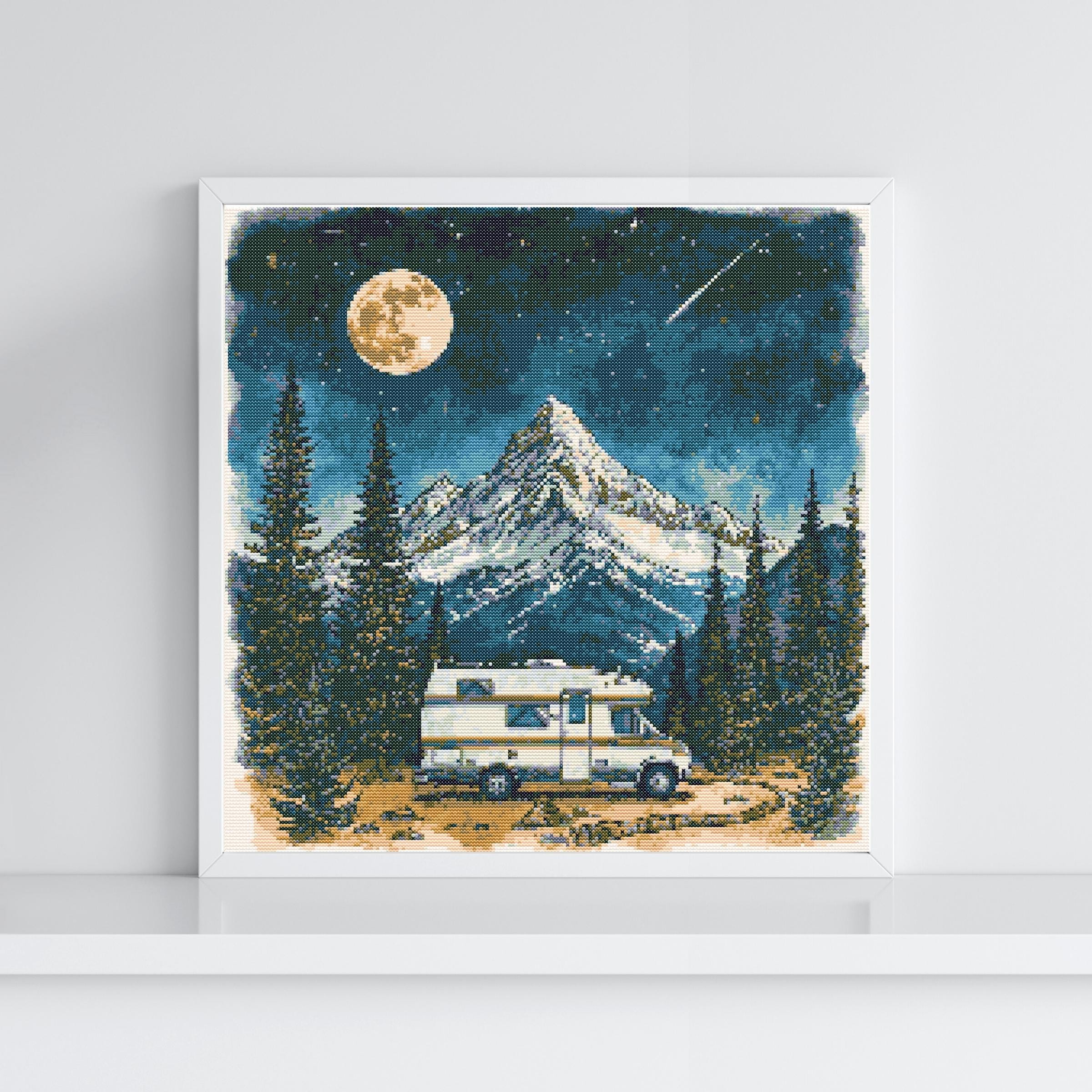 Camp Cross Stitch Pattern, Travel Adventure Embroidery, Camping