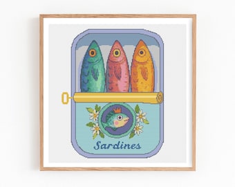 Sardines Can Cross Stitch Pattern, Funny Fish Tin Embroidery, Sardine Food Art, Modern X-stitch Design, Retro Kitchen Decor, PDF Download