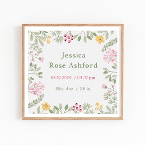 May include: A framed cross-stitch birth announcement with the name "Jessica Rose Ashford" in green. The announcement includes the birth date, time, weight (8lbs 4oz), and length (20 in.). The design features a floral border with pink, yellow, and green elements.