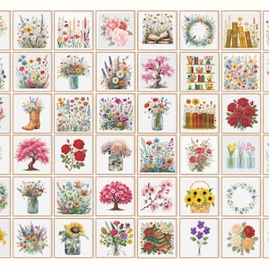 May include: A series of framed floral art prints. The prints showcase watercolour illustrations of diverse flowers, bouquets, and floral arrangements in vases and baskets. The colour scheme includes pinks, yellows, purples, and greens, with a focus on botanical themes.