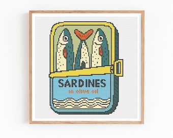 Sardines Can Cross Stitch Pattern, Sardine Food Art Easy Embroidery, Funny Kitchen Decor, Modern Seafood, Retro Fish Tin Beginner Xstitch