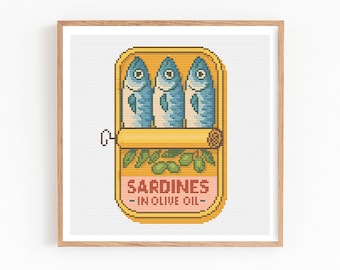 Sardines Can Cross Stitch Pattern, Funny Sardine Food Art, Fish Can Embroidery Design, Retro Kitchen Decor, Modern xstitch, Instant Download