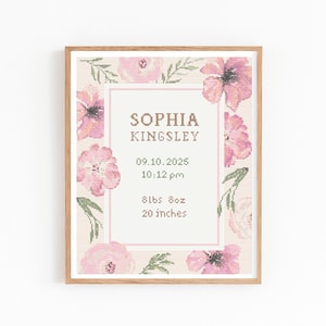 Op de afbeelding: Een ingelijste print met de naam "Sophia Kingsley" en geboortegegevens. Het ontwerp bevat roze bloemaccenten en de tekst "09.10.2025, 22:12 uur, 3,9 kg, 51 cm". De lijst is licht van kleur.