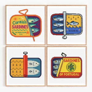 advanced stitchers welcome, step by step layout, tested by stitchers, crisp lines, no backstitch required, backstitch accents optional, fits standard frames, hoop display ready, gift for mom, gift for foodie friend, coastal kitchen wall art, nautical gift idea, ocean cottage decor, vintage pantry label style, retro food packaging art, old school can design, funny fish home decor, cute kitchen embroidery, printable PDF patterns, modern embroidery PDF, download now craft later cross stitch pattern
