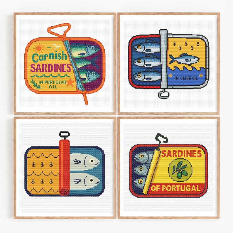advanced stitchers welcome, step by step layout, tested by stitchers, crisp lines, no backstitch required, backstitch accents optional, fits standard frames, hoop display ready, gift for mom, gift for foodie friend, coastal kitchen wall art, nautical gift idea, ocean cottage decor, vintage pantry label style, retro food packaging art, old school can design, funny fish home decor, cute kitchen embroidery, printable PDF patterns, modern embroidery PDF, download now craft later cross stitch pattern