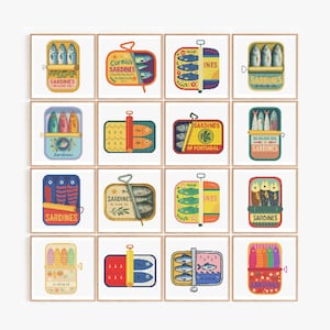 Mazzo di 16 sardine, schema per punto croce con scatola di sardine, ricamo con scatola di pesce divertente, punto croce moderno, decorazioni per la cucina, PDF per principianti