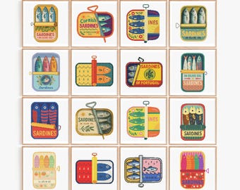 イワシ16匹セット、イワシ缶のクロスステッチ図案、面白い魚缶の刺繍、モダンなクロスステッチ、キッチンデコレーション、初心者向けPDF