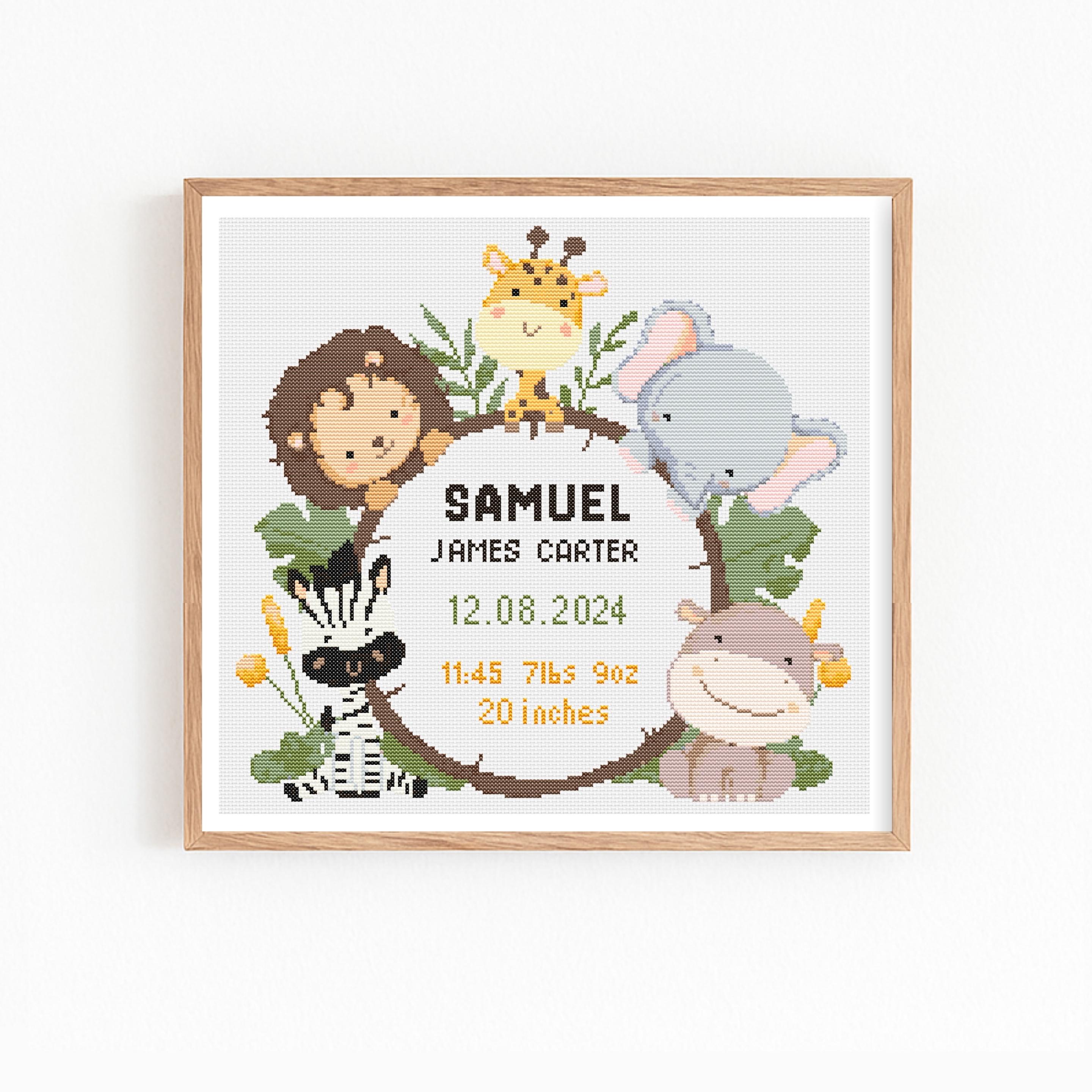 Baby Birth Announcement Cross Stitch Pattern, Safari Animals Baby Shower Gift, Newborn Embroidery, Forest Nursery Decor, Nature Baby Room