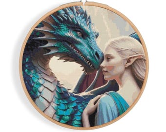 Patrón de punto de cruz de Dragón y Mujer: Diseño Mítico Fantástico (Descarga PDF)