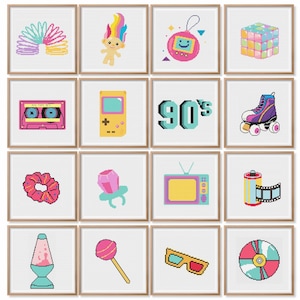 Pode incluir: Um conjunto de 12 ilustrações coloridas que representam ícones populares dos anos 90, incluindo um slinky, uma boneca troll, um Tamagotchi, um cubo de Rubik, uma fita cassete, um Game Boy, o texto "90's", patins, um scrunchie, um anel com uma gema, uma televisão, um recipiente de filme, uma lâmpada de lava, uma pirulito, óculos 3D e um CD.