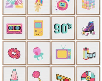 90s Cross Stitch Bundle, 16 Funny Cross Stitch Patterns for Beginners, Tiny & Small Cross Stitch Design, Retro 90s Gamer Set, PDF Download