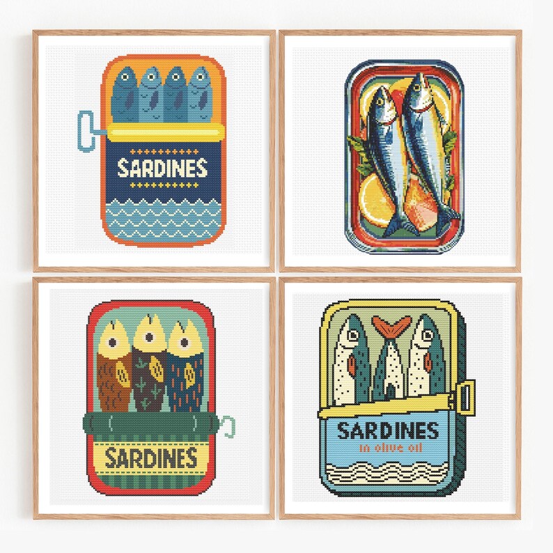 friendly embroidery templates, advanced stitchers sardine designs, black and white chart plus color chart, clear symbols printable pdf, high resolution sardine fish patterns, fun quirky kitchen gift embroidery, coastal farmhouse sardine decor, mid century modern sardine label art, scandinavian inspired embroidery sardines, ocean breeze coastal embroidery design, cottagecore foodie cross stitch bundle, nautical grandma trend sardine art, quick weekend stitch project, funny sardines art cross stit
