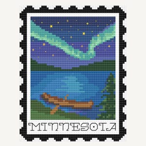 May include: Cross-stitch design of a Minnesota landscape, resembling a postage stamp. The image features a lake, a canoe, and the Northern Lights under a starry sky. The word "MINNESOTA" is at the bottom.