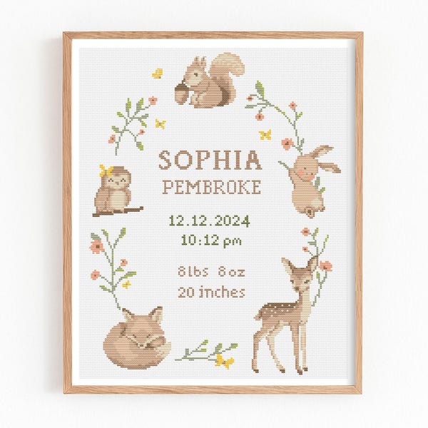 Baby Birth Announcement Cross Stitch Pattern, Customizable Floral Woodland Embroidery PDF, Modern Girl Boy Nursery Decor, Baby Shower Gift