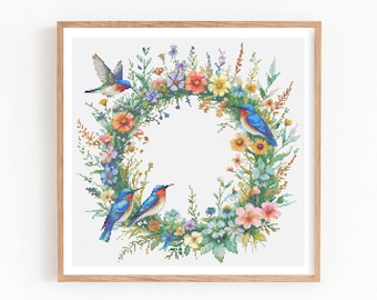 Hummingbird Floral Wreath Cross Stitch Pattern, Cottagecore Spring Embroidery, Wildflower Hoop Art, Botanical Decor, Summer Cross Stitch PDF