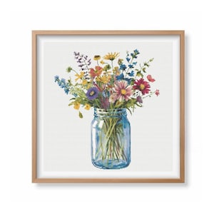 Spring Flowers in Mason Jar Cross Stitch Pattern | Wildflowers Cross Stitch Pattern | Floral Embroidery Design | Cottage Summer Cross Stitch