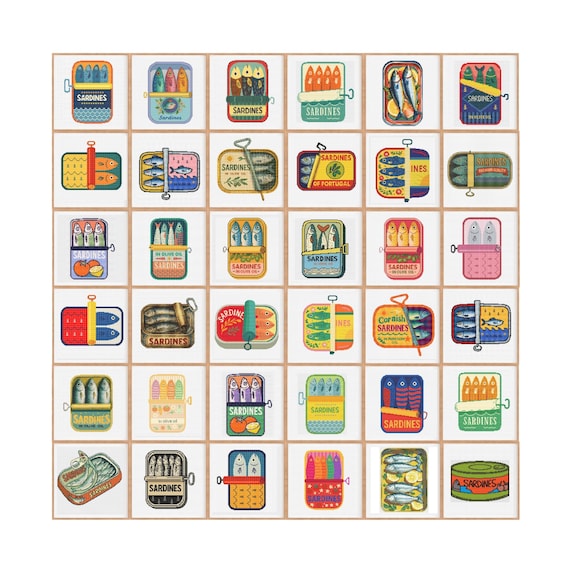 36 Sardines Bundle, Sardines Can Cross Stitch Pattern – Largest Set on Etsy – 36 Modern Retro Fish Can Embroidery, Cute Kitchen Decor PDF