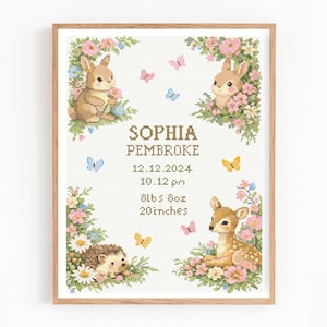 May include: Cross-stitch framed artwork featuring a baby theme. The design includes a bunny, deer, and hedgehog surrounded by flowers and butterflies. The text reads "SOPHIA PEMBROKE" with birth details: 8lbs 8oz, 20 inches.