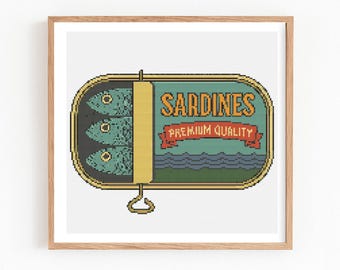 Sardines Can Cross Stitch Pattern, Retro Fish Tin Embroidery, Funny Kitchen Wall Decor, Nautical Coastal X-Stitch, Instant PDF Download