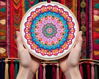 Patrón de punto de cruz de mandala / Mandala de la flor de la vida en punto de cruz / Mandala de la armonía bordado / Punto de cruz arcoíris / Descarga PDF