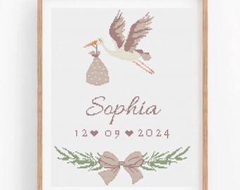 Baby Birth Announcement Cross Stitch Pattern | Nature Baby Shower Gift | Customizable New Baby Embroidery | Newborn Boy Girl Nursery PDF