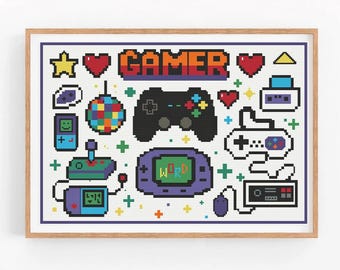 Gaming Cross Stitch Pattern | Retro 90's Gamer Vibes | Modern Embroidery PDF | Funny DIY Cross Stitch | Geeky Decor, Easy Pattern for Gamers