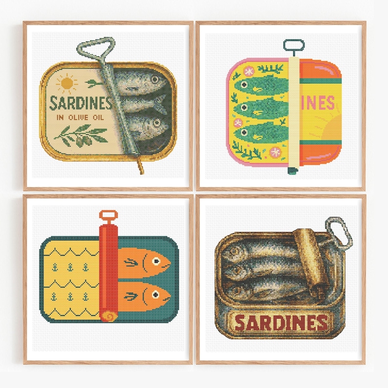 Pattern Keeper compatible embroidery, DMC floss color chart included, 14ct 16ct 18ct fabric sizes, hoop and frame friendly layouts, high resolution sardine embroidery files, gallery wall quirky sardine cross stitch, vintage pantry kitchen embroidery art, coastal farmhouse sardine bundle pdf, midcentury modern sardine embroidery style, whimsical foodie sardine embroidery gift, quick and easy weekend stitch project,beginner friendly sardine embroidery patterns, advanced cross stitch sardine design
