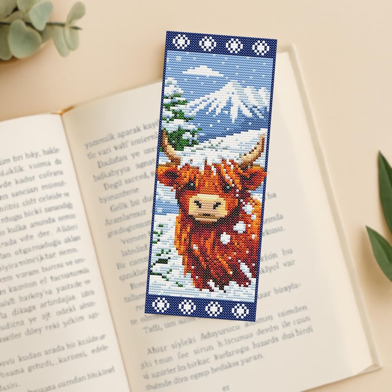 Highland Cow Bookmark Cross Stitch Pattern PDF, Snowy Scotland Winter ...