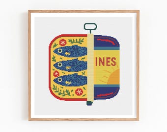 Sardines Can Cross Stitch Pattern, Vintage Fish Tin Embroidery, Funny Sardine xstitch, Retro Kitchen Decor, Modern Seafood Art, PDF Download