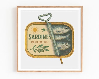 Sardines Can Cross Stitch Pattern, Fish Tin Embroidery Design, Sardines Chart, Funny Cross Stitch, Retro Kitchen Xstitch, Pattern Keeper PDF