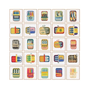 Bundel 25 sardines, kruissteekpatroon sardines - MEGA DEAL- Set van 25 modern borduurwerk, grappige steekkaart Visblikje keukendecor pdf