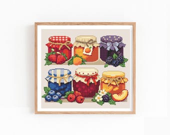 Jam Jar Cross Stitch Pattern PDF, Fruit Preserves Embroidery, Cottagecore Kitchen Needlework, Farmhouse Food Wall Art