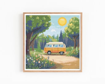 Camp Cross Stitch Pattern, Camper Van Life Embroidery, Forest Road Caravan Landscape, Summer Camping Travel Chart, Wildflower PDF Download