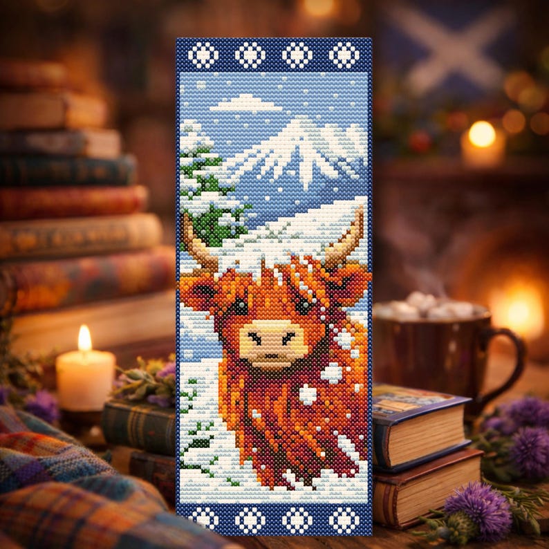 Highland Cow Bookmark Cross Stitch Pattern PDF, Snowy Scotland Winter ...