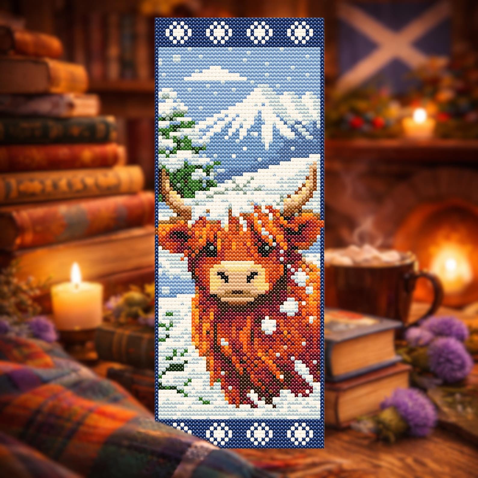 Highland Cow Bookmark Cross Stitch Pattern PDF, Snowy Scotland Winter ...