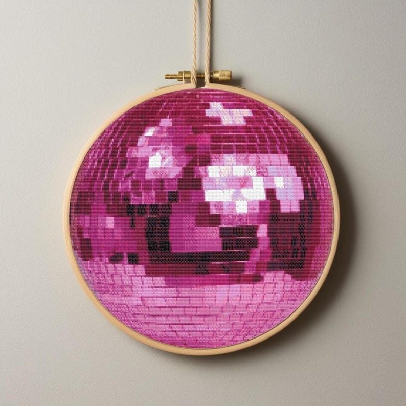Mirroball Pattern Disco Ball Cross Stitch Pattern | Pink Retro Mirror Ball Cross Stitch ...