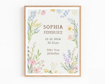 May include: A framed cross-stitch birth announcement featuring the name "Sophia Pembroke", date, time, weight (8lbs 8oz), and length (20 inches). The design includes a floral border with pastel-colored flowers and greenery.