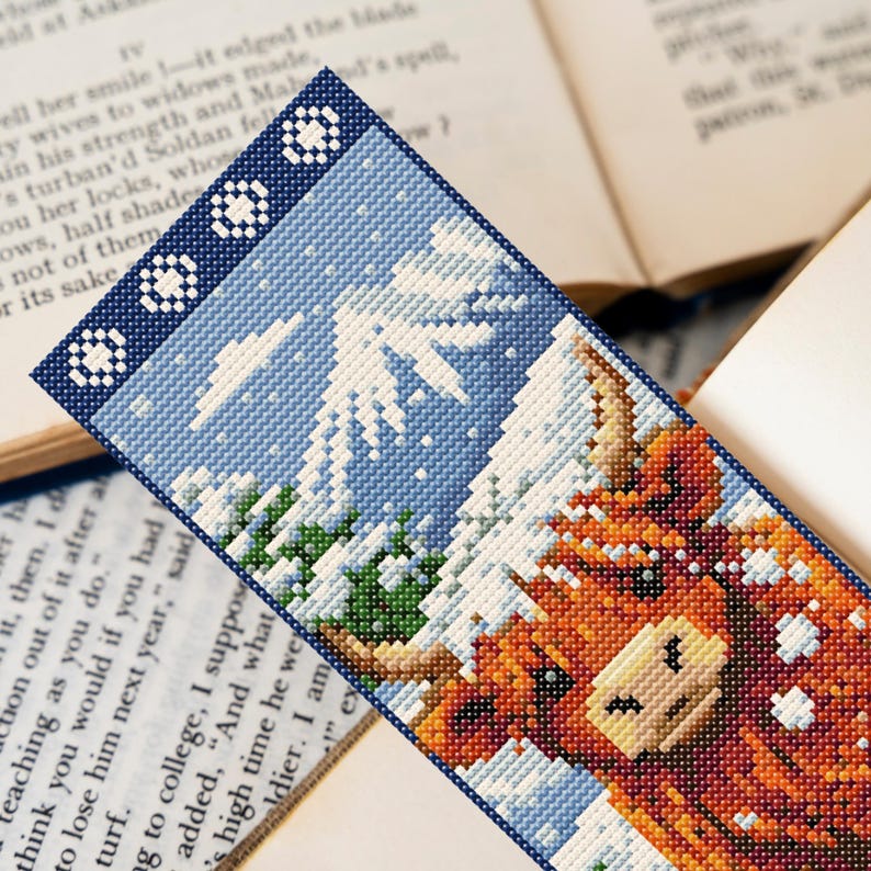 Highland Cow Bookmark Cross Stitch Pattern PDF, Snowy Scotland Winter ...