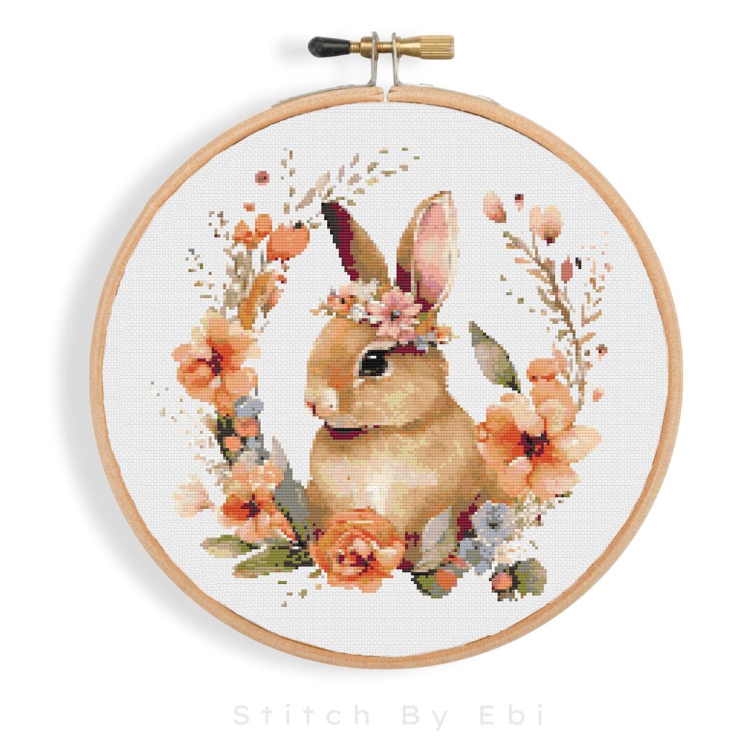 Flower Bunny Cross Stitch Pattern, Spring Floral Cross Stitch, Rabbit ...