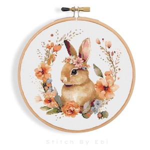 Flower Bunny Cross Stitch Pattern, Spring Floral Cross Stitch, Rabbit Hand Embroidery, Watercolor Nursery Baby Cross Stitch, PDF Download