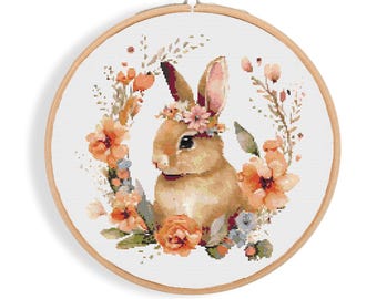 Flower Bunny Cross Stitch Pattern, Spring Floral Cross Stitch, Rabbit Hand Embroidery, Watercolor Nursery Baby Cross Stitch, PDF Download