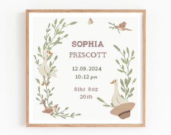 Baby Birth Announcement Cross Stitch Pattern, Floral Duck & Bird Embroidery, Baby Name Xstitch, Girl Boy Nursery Decor, Baby Shower Gift PDF